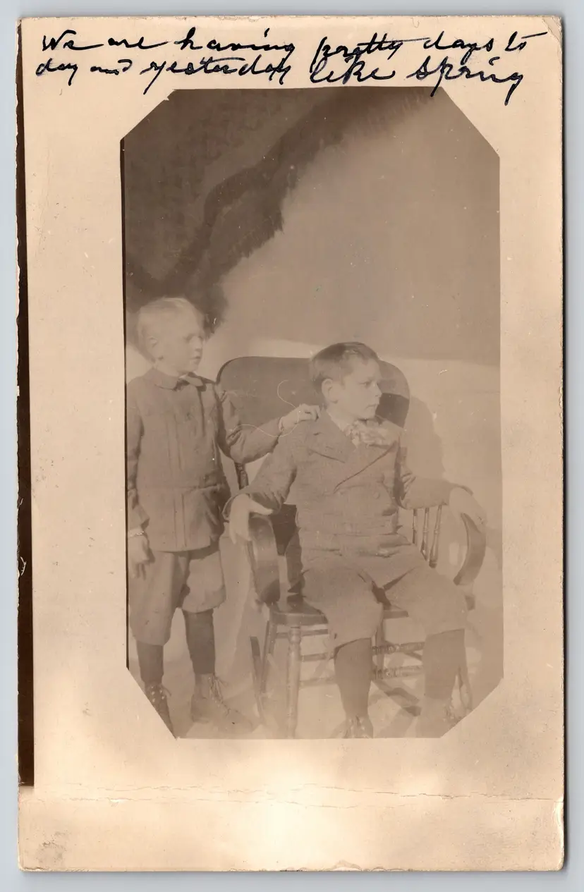 Postcard RPPC Brothers in Matching Checked Suits Real Photo Vignette Siblings - 9128