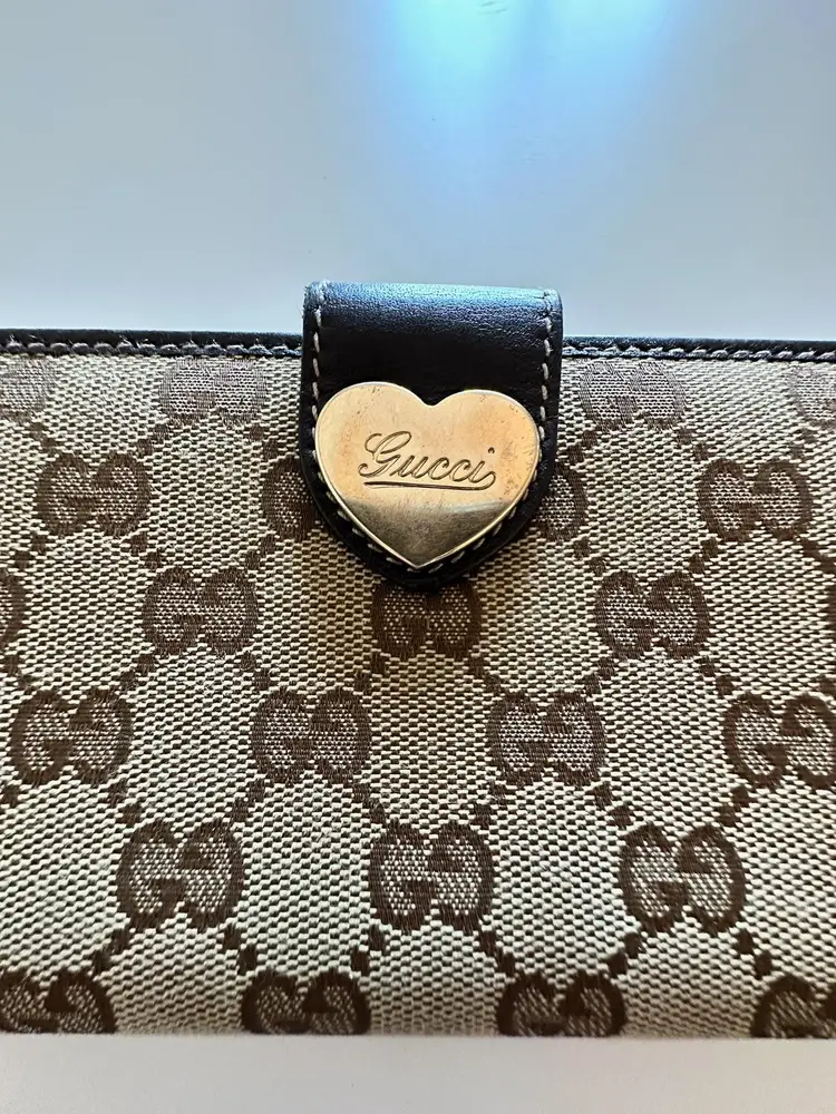 GUCCI GG Logo Heart Plate Canvas Leather Long Bifold Wallet