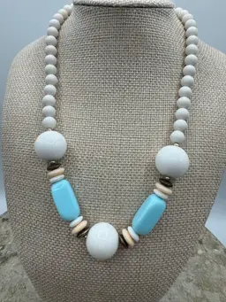 Vintage Acrylic White Pale Blue & Peach Necklace