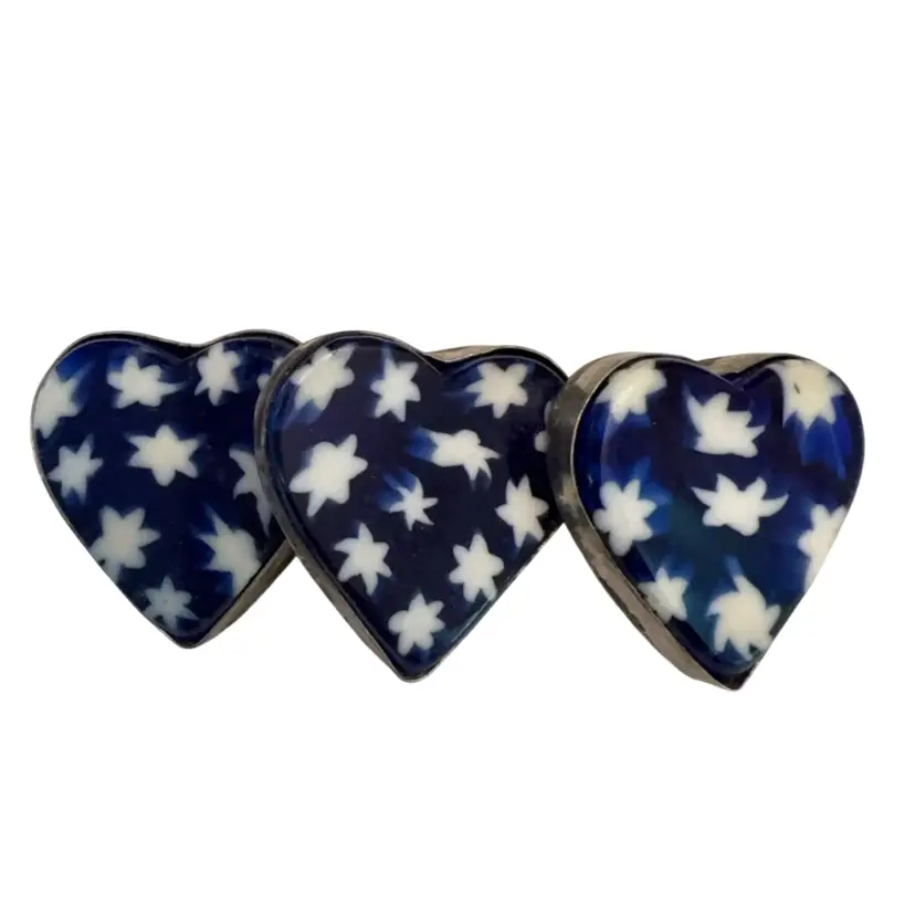 Blue With White Stars Millefiori Hearts Brooch