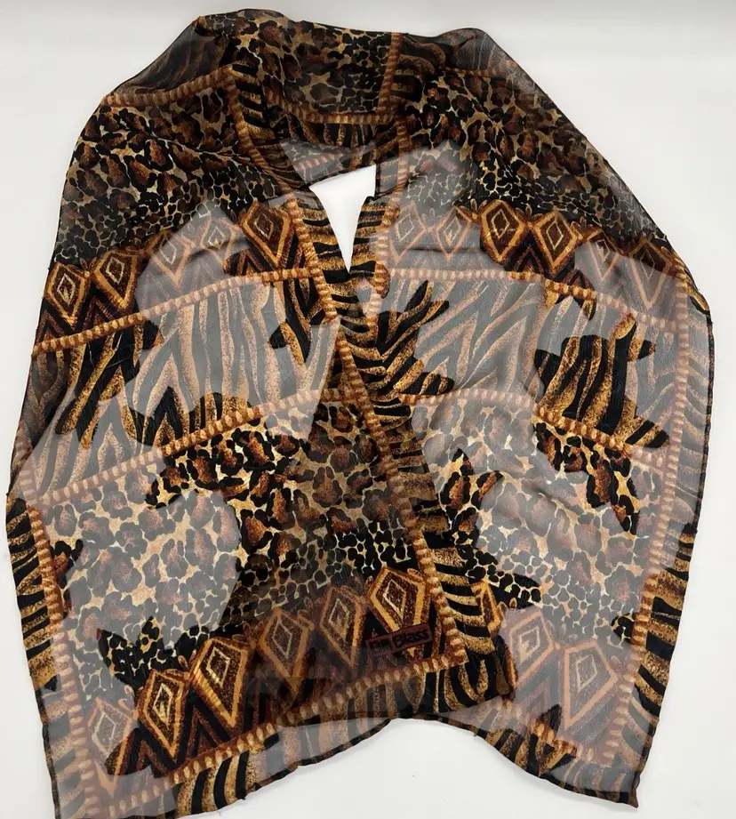 Vintage Bill Blass Long Scarf Cheetah Giraffe Safari Animal Print Black Gold