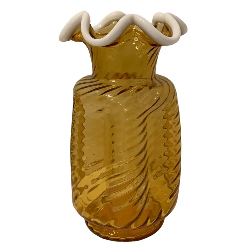 Unusual Fenton Glass Amber Snow Crest Pinched Edge Vase Spiral Optic - 8.5”