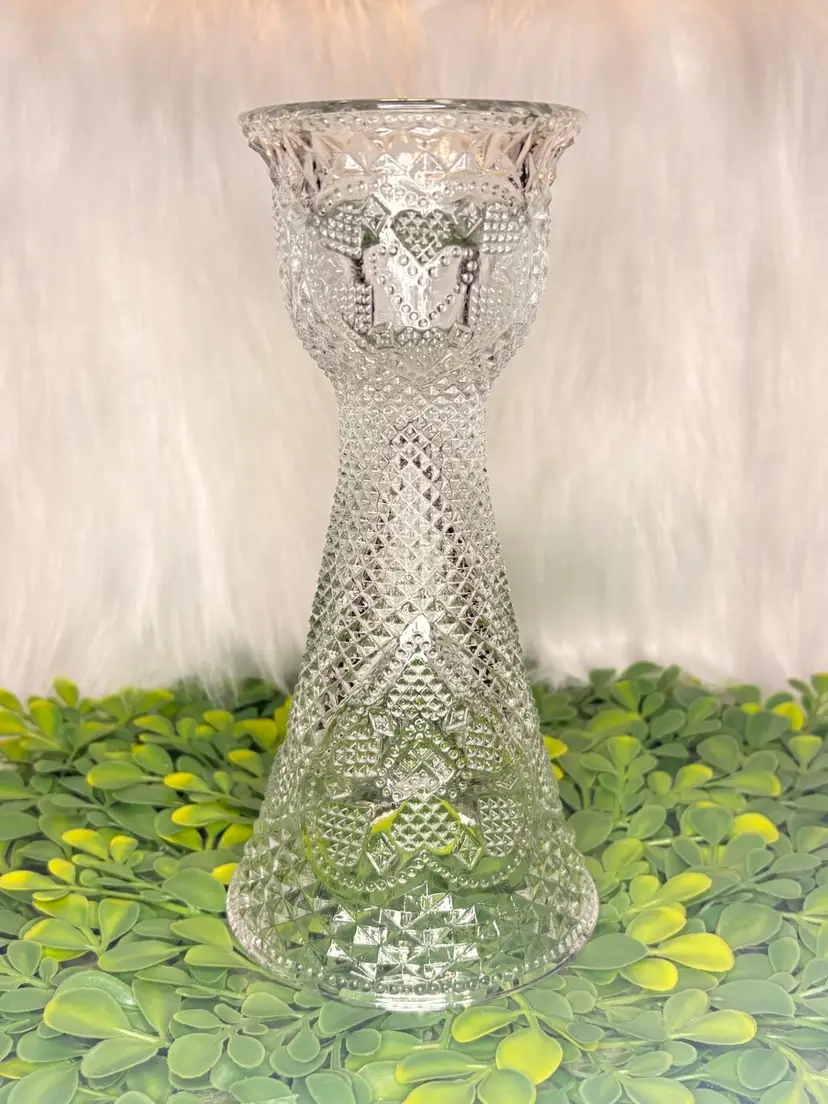 Vintage Avon Hearts & Diamonds Clear Glass Candle Holder 7”