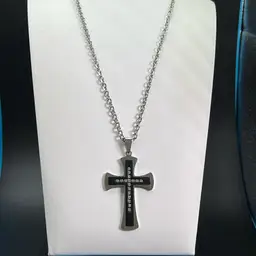 Silvertone And Black Cross Necklace With Rhinestones, Lobster Clasp 24” Long