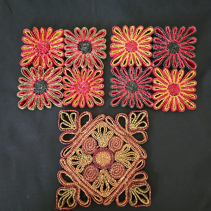 Woven Straw Trivets Colorful Rattan Retro Multicolor Decorative Set of 3 Vintage