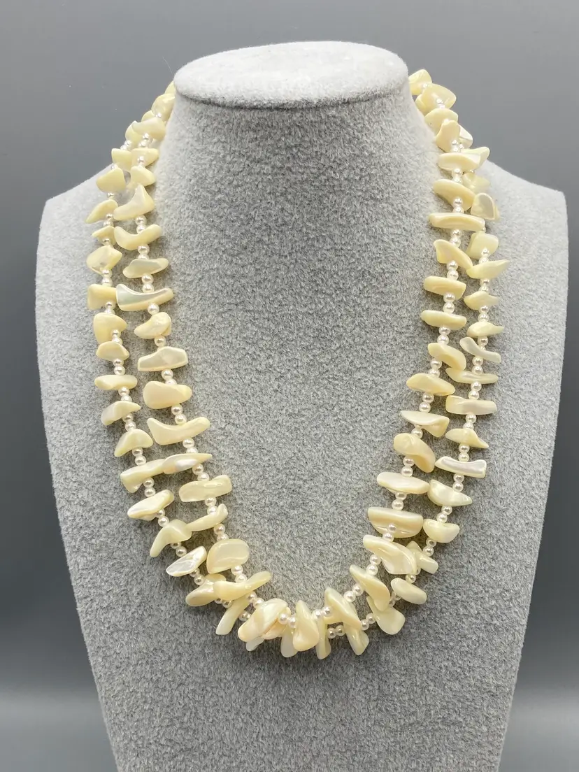 Vintage Mother of Pearl Double Strand Necklace Silver Tone - Made in Japan