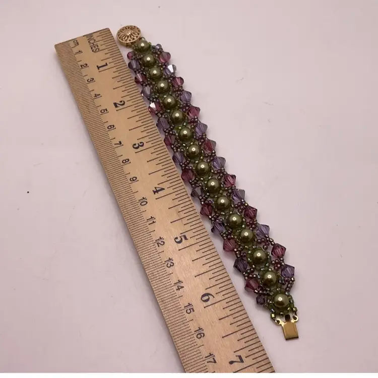 Purple Pink Swarovski Crystal & Green Pearl Bracelet with Gold Filled Box Clasp Artisan Made 6.75”