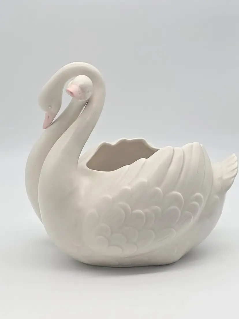 Fitz & Floyd Elegant White Double Swan Ceramic Vase Planter