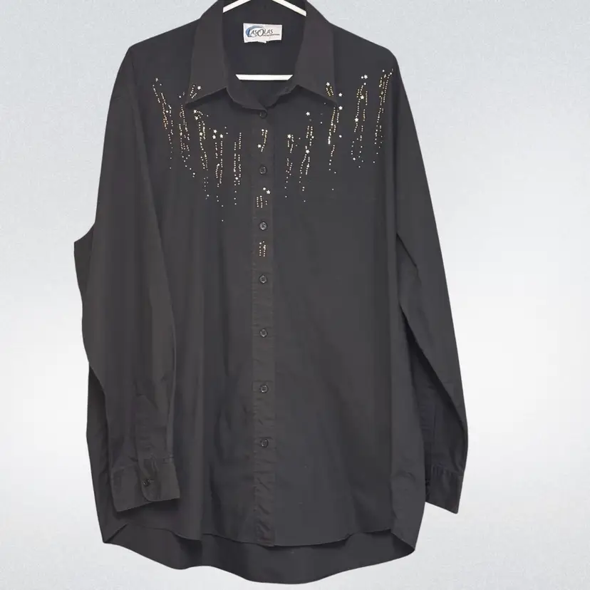 Black Button Down LS Blouse with Stars Embellished Details Vintage