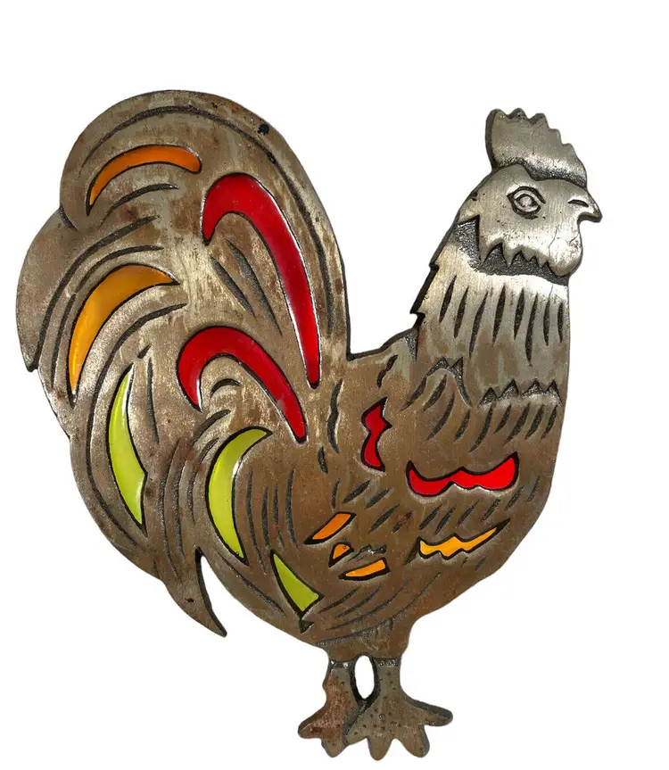 Cast Iron Rooster Trivet Stained Glass Vintage 1983 WA Hot Plate Farm House VTG