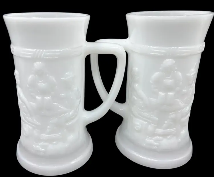 Set of 2 Vintage Federal Milk Glass Beer Mug Tankard Stein White Bar Tavern 10oz