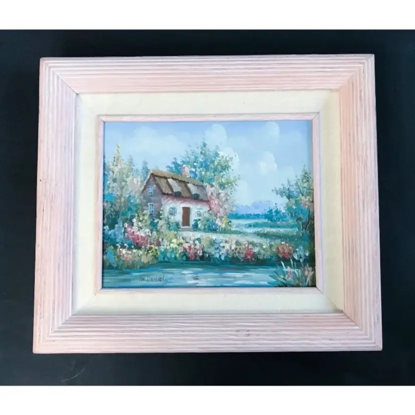 Vintage Flower Garden Cottage Oil Painting Signed Art In Pink Painted Frame