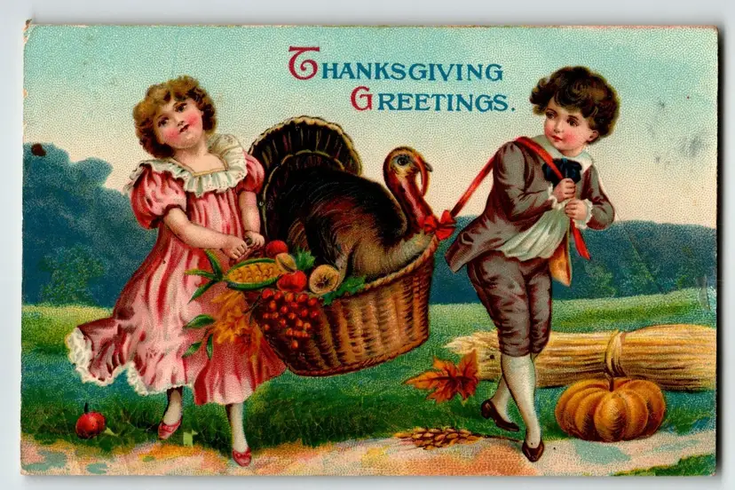 Thanksgiving Day Greetings Postcard Children Basket Turkey Gel Coat Germany 1913