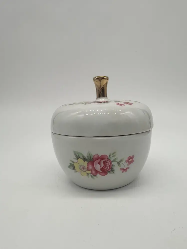 Vintage Porcelain Hand Painted Apple Floral Rose Lidded Trinket Dish