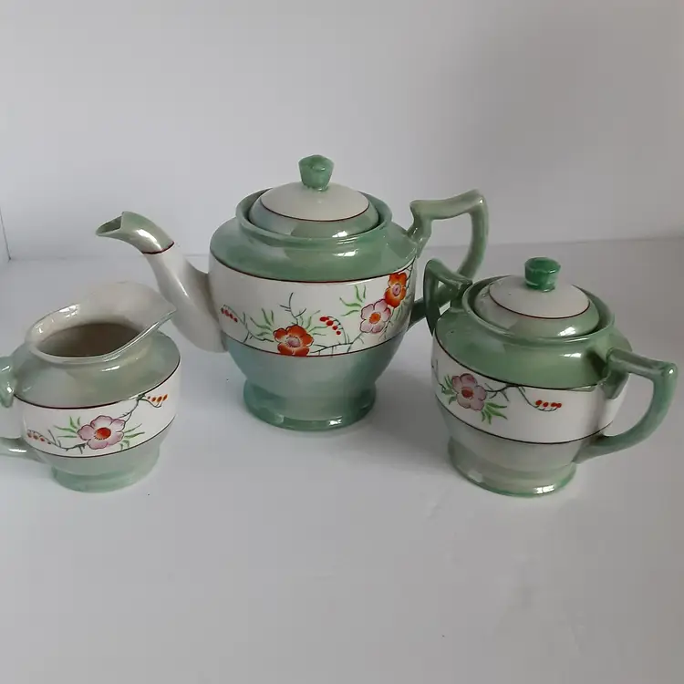 Vintage China Teapot, Creamer, Covered Sugar, Made in Japan, Tricor Pattern, Lusterware