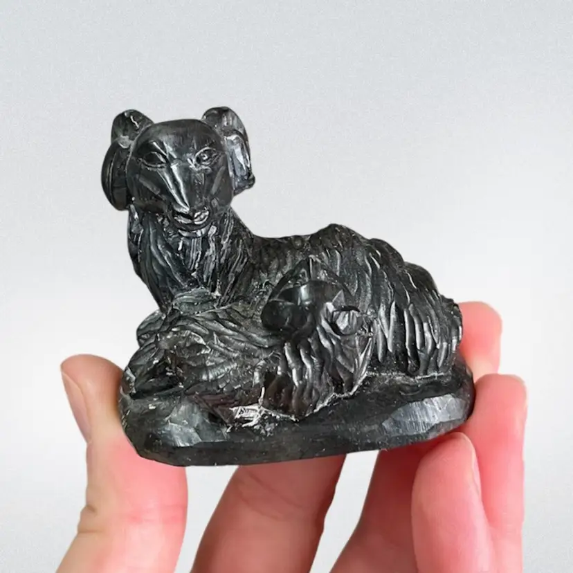 Carved Stone Ram Figurine, Carved Black Stone Ram And Baby Figurine, Small Black Stone Carved Ram Sculpture, Miniature Animal Figurine