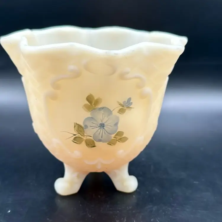 Fenton Satin Custard Cameo Hand Painted Blue Dogwood 3 Footed Case -signed Linda Mc