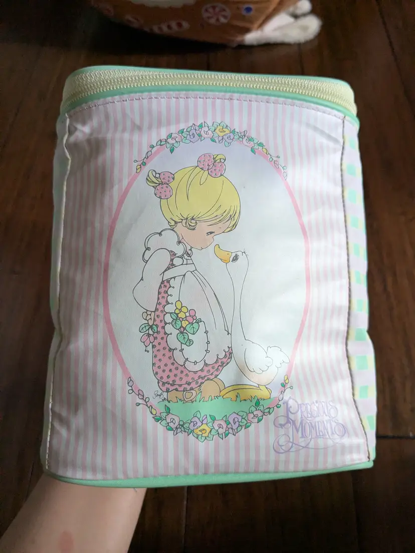 Vintage Precious Moments Lunch Tote Bag Soft Pink Green Yellow Girl With Goose