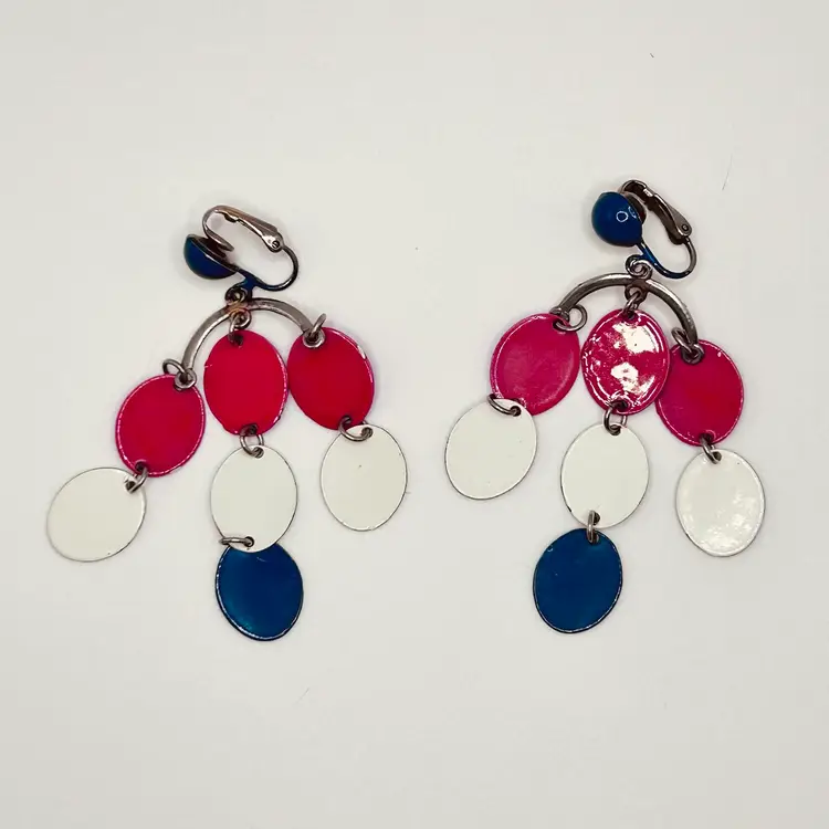 Vintage Earrings Red White Blue Enamel Dangle MCM Mod Chandelier Mobile Clip On