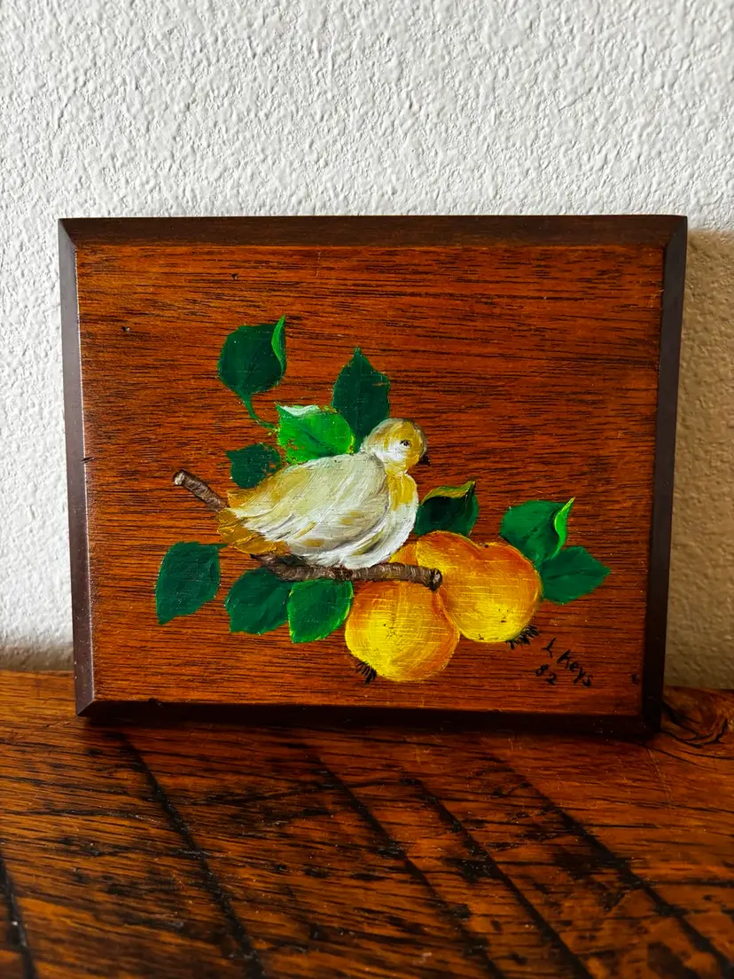 Vintage Hand, Painted Bird Pears On A Limb. Wooden Plaque Signed By Artist 1982.