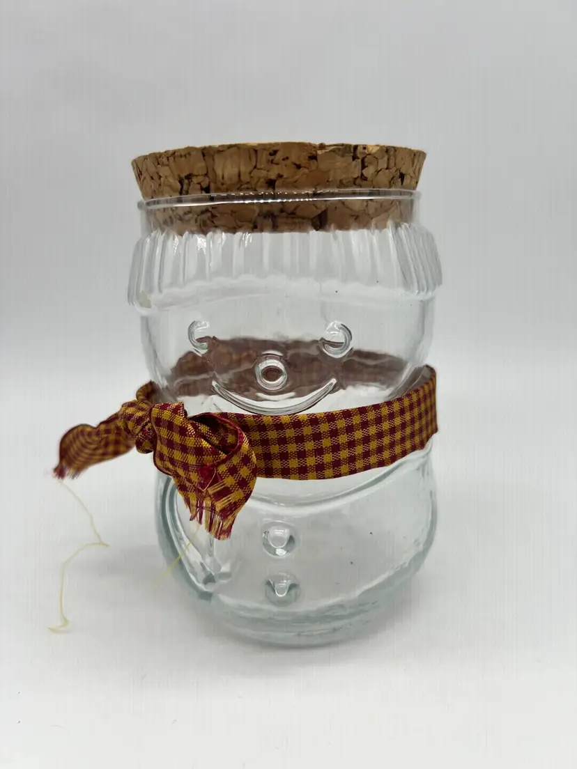 Vintage 1980’s Clear Glass Snowman Canister With Cork Lid
