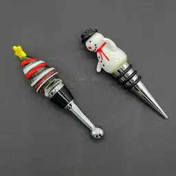 Bottle Stoppers Art Glass Christmas Tree & Snowman (set of 2)