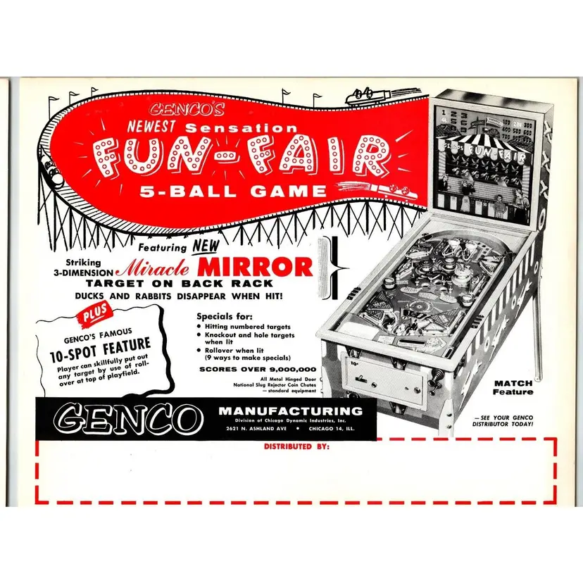 Fun Fair Pinball FLYER 1958 Original UNUSED Amusement Park Fair Carnival Genco