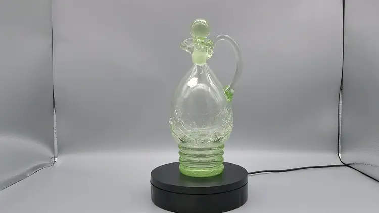 Rare Vintage Trelleborg Sweden Light Green Crackle Glass 18oz Cruet Decanter Hand Blown Art Glass Bottle Ball Stopper 9"