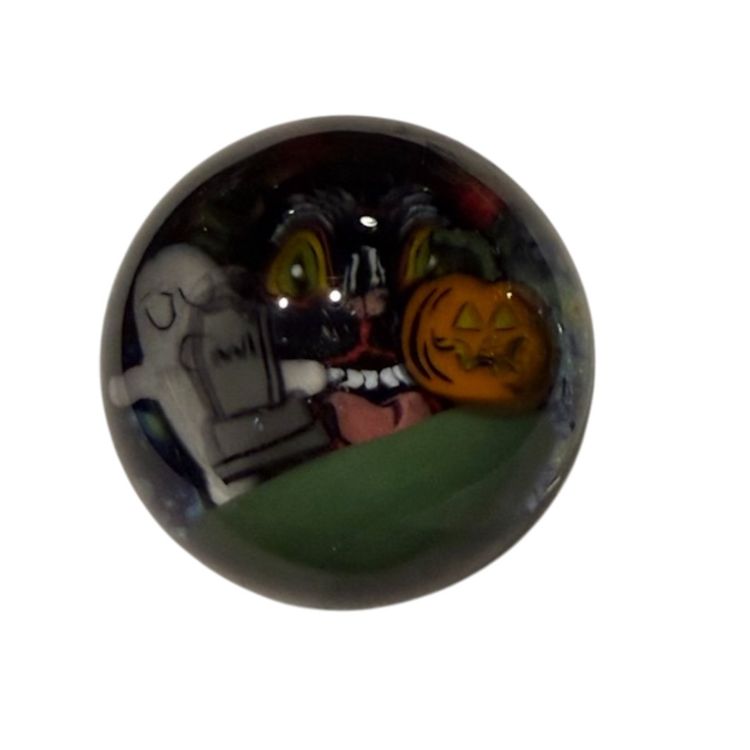 Marble * Zac De Simone Art Glass - 1.25” - 3D Halloween Ghost Jack O’ Lantern Black Cat Graveyard Scene