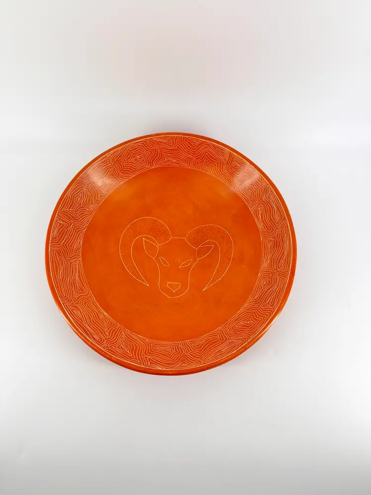Large 12" Orange Soapstone Hand Etched Bowl With Etched Ram African Decor
