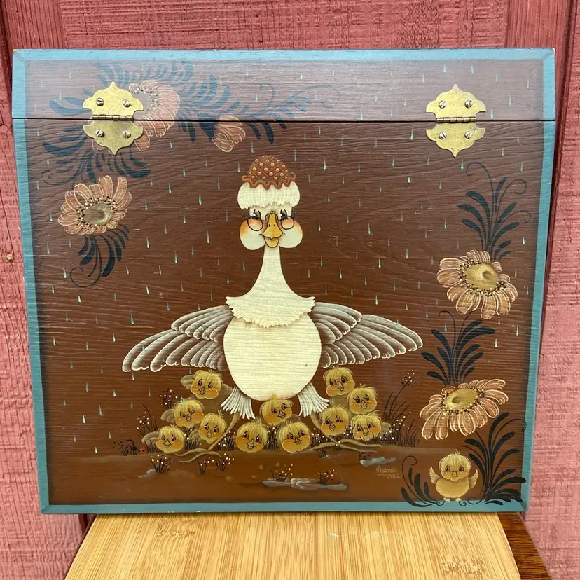 Hand-painted, Fabric-lined Storage Box. Mama Duck & Her 12 Ducklings In The Spring Rain. Signed and Dated Sharon 1982.