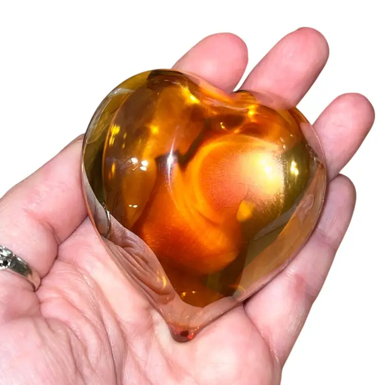 Randy Strong Signed 2002 Marigold Iridescent Heart Paperweight 2.5”