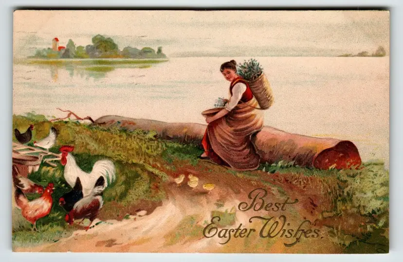 Easter Postcard Rooster Hen Baby Chicks Women Seated On Log Basket Germany 1909