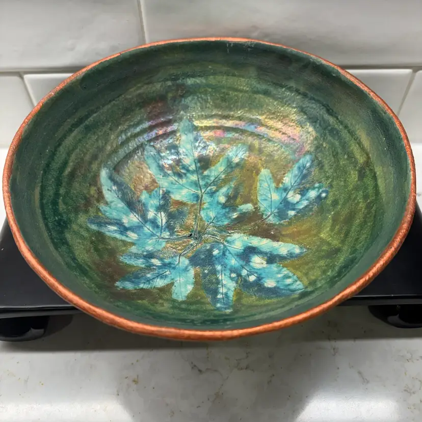 Signed Studio Art Raku Pottery Bowl - Iridescent Green Copper Rim Maple Leaf