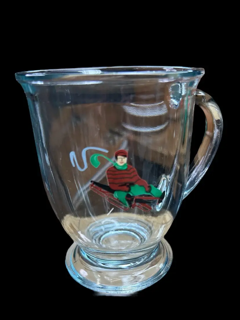 Williams Sonoma Vintage Winter Sports Man Sledding Glass Coffee/Hot Chocolate Mug.