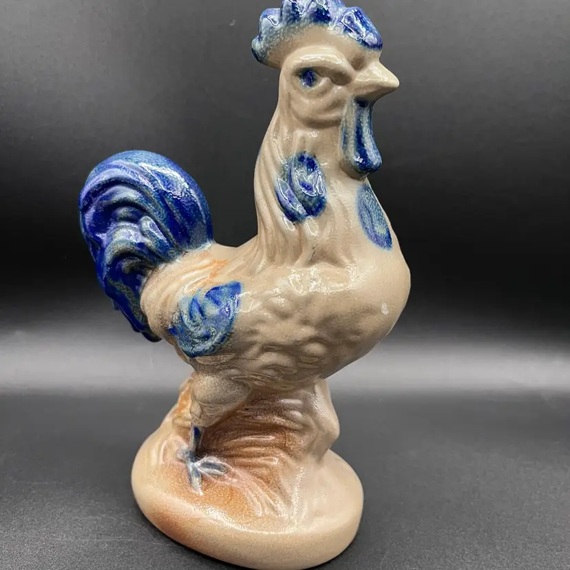#01 🎉POW Special🎉 1994 BBP Beaumont Brothers Pottery Salt Glazed Blue/Tan Rooster Figurine 8”🐓