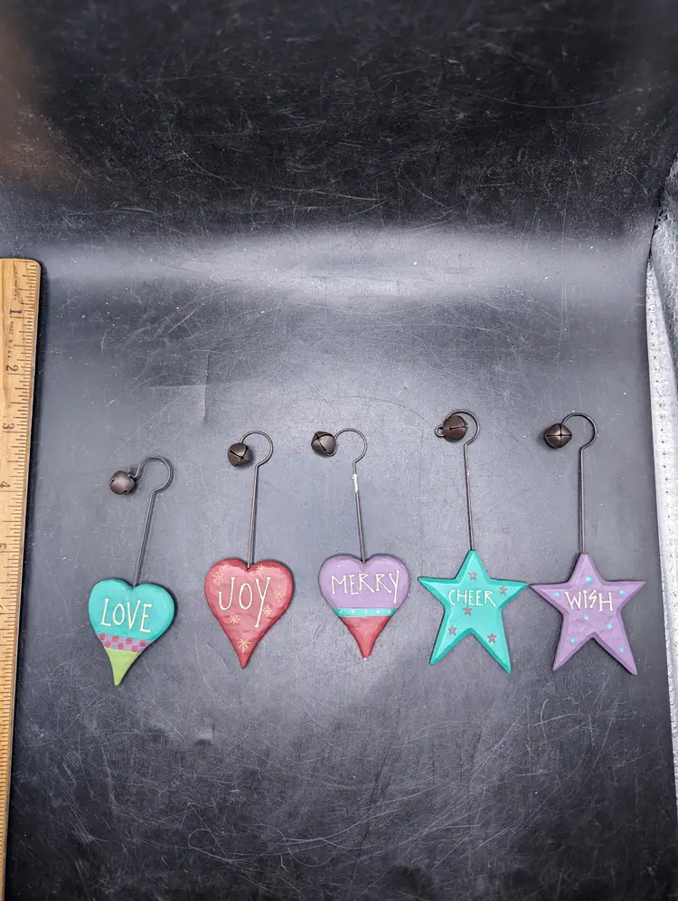 Set of 5 Inspiration Ornaments Love, Jolly, Wish, Merry and Cheer.