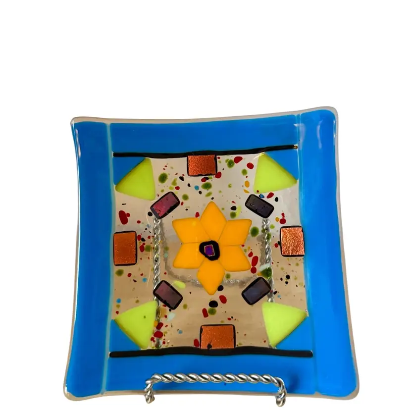 Fused Art Glass Plate  Trinket Dish Shelf Art Blue Border Multicolor Geometric Shapes Orange Flower Dichroic 
1” T x 5-3/4” W