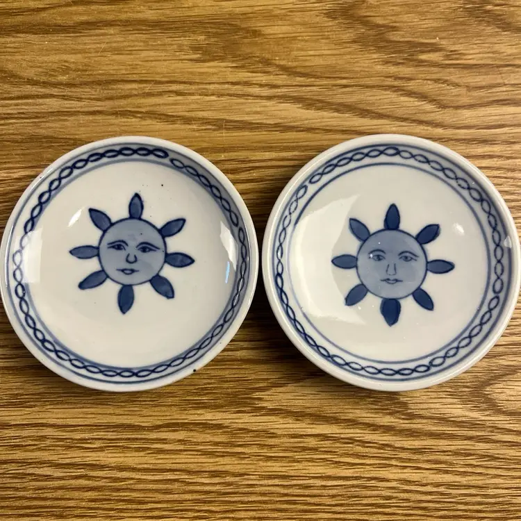 Vintage HTF Pier 1 Imports Ceramic Celestial Blue Sun Face Sauce Dishes Set of 6