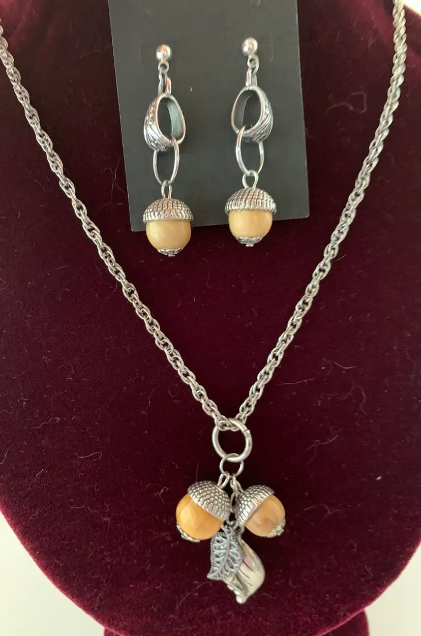 Wooden Acorn Pendant And Earrings 