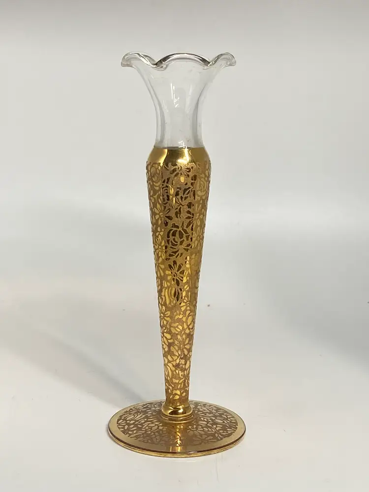 Vintage MCM Ransgil Crystal Bud Vase w/ 22K Gold Overlay & Floral Design, 6"