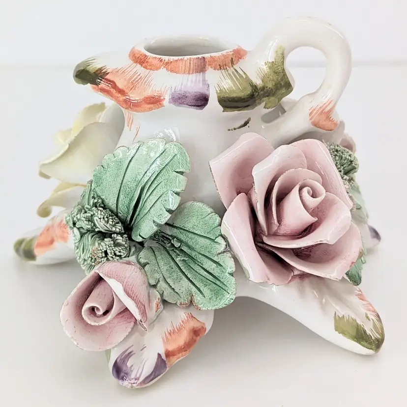 Vintage Bassano Italy Capodimonte Candle Holder Roses And Spaghetti Grass