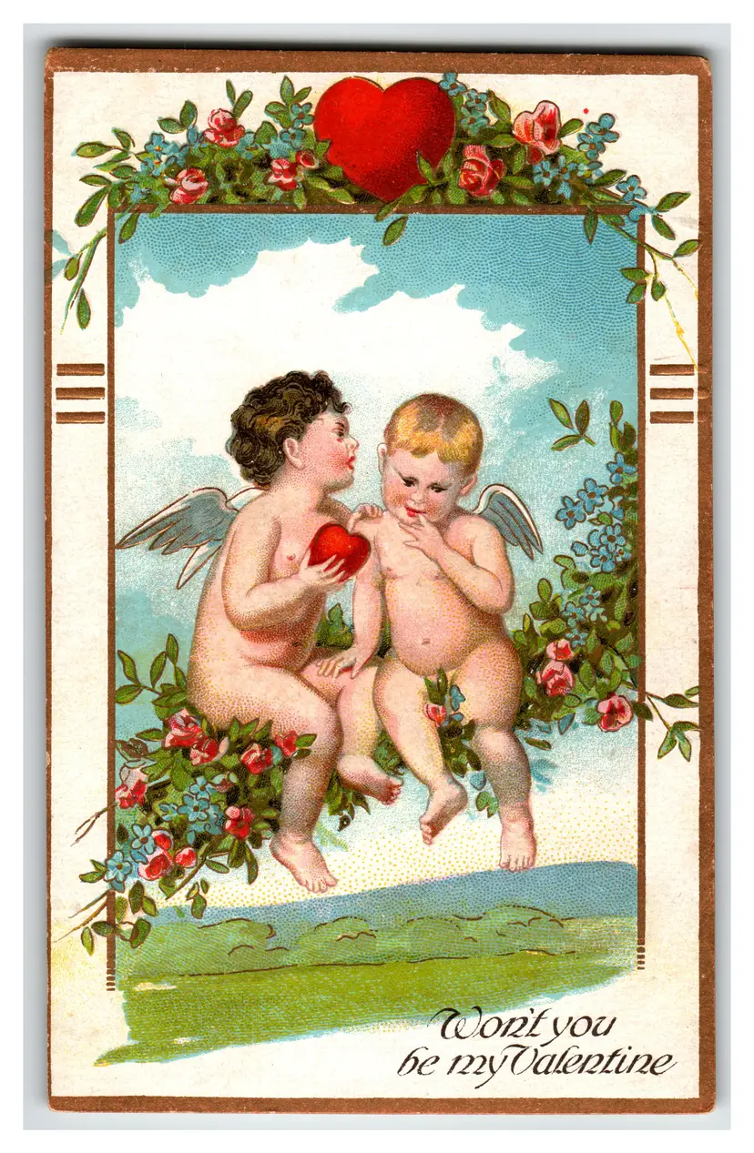 Vintage 1913 Valentine Postcard Cherubs Red Heart Embossed "Printed in Germany"