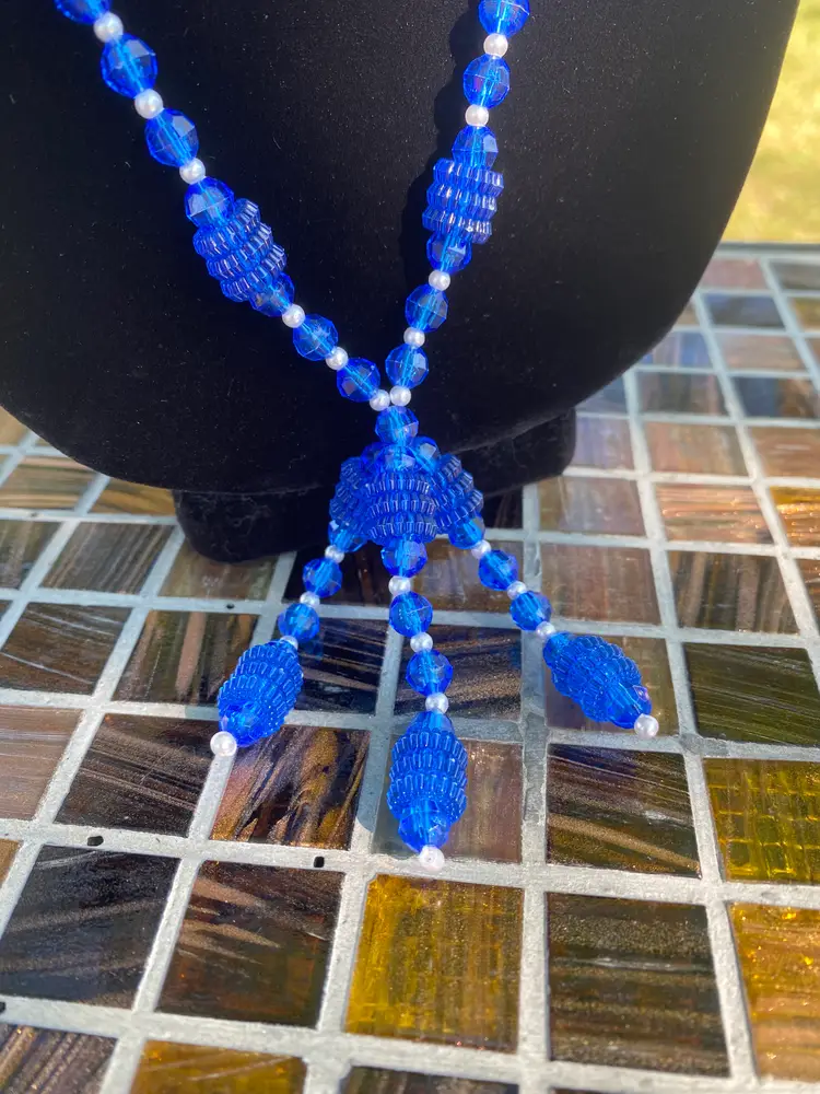 Vintage White small Round Spacer, Blue Beads w/ Multi Bead Tassel  30"