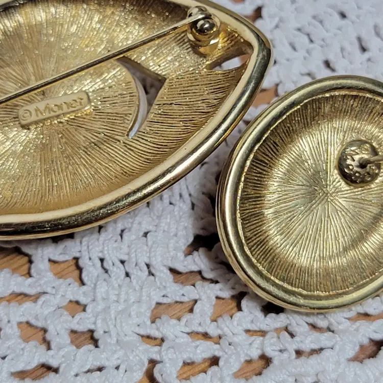 Vintage Monet Red Enamel and Pearl Brooch & Earring Set