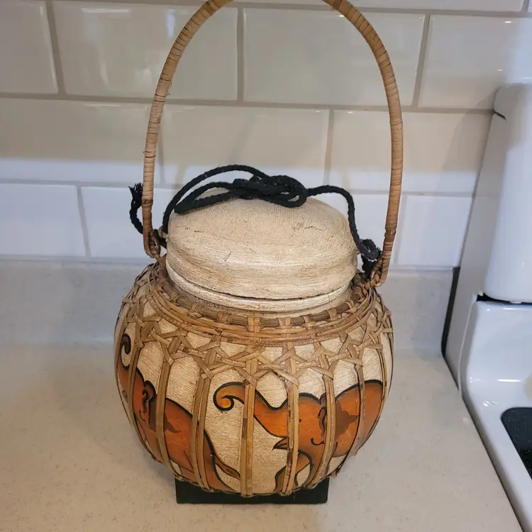 Thai Bamboo Rice Basket Hand Painted Elephants W/Lid Decor Only