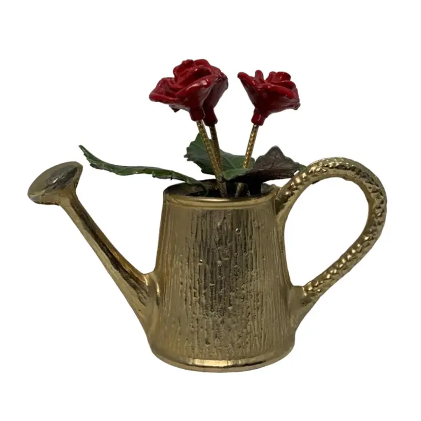 VTG Mini Metal Gold Tone Watering Can With Enameled Metal Roses And Leaves