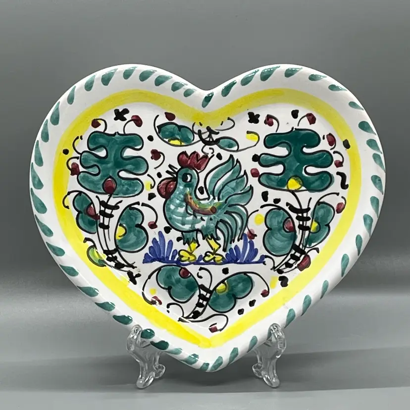 Ceramiche D'Arte Sambuco Mario Deruta Hand Painted Heart Shaped Rooster Plate