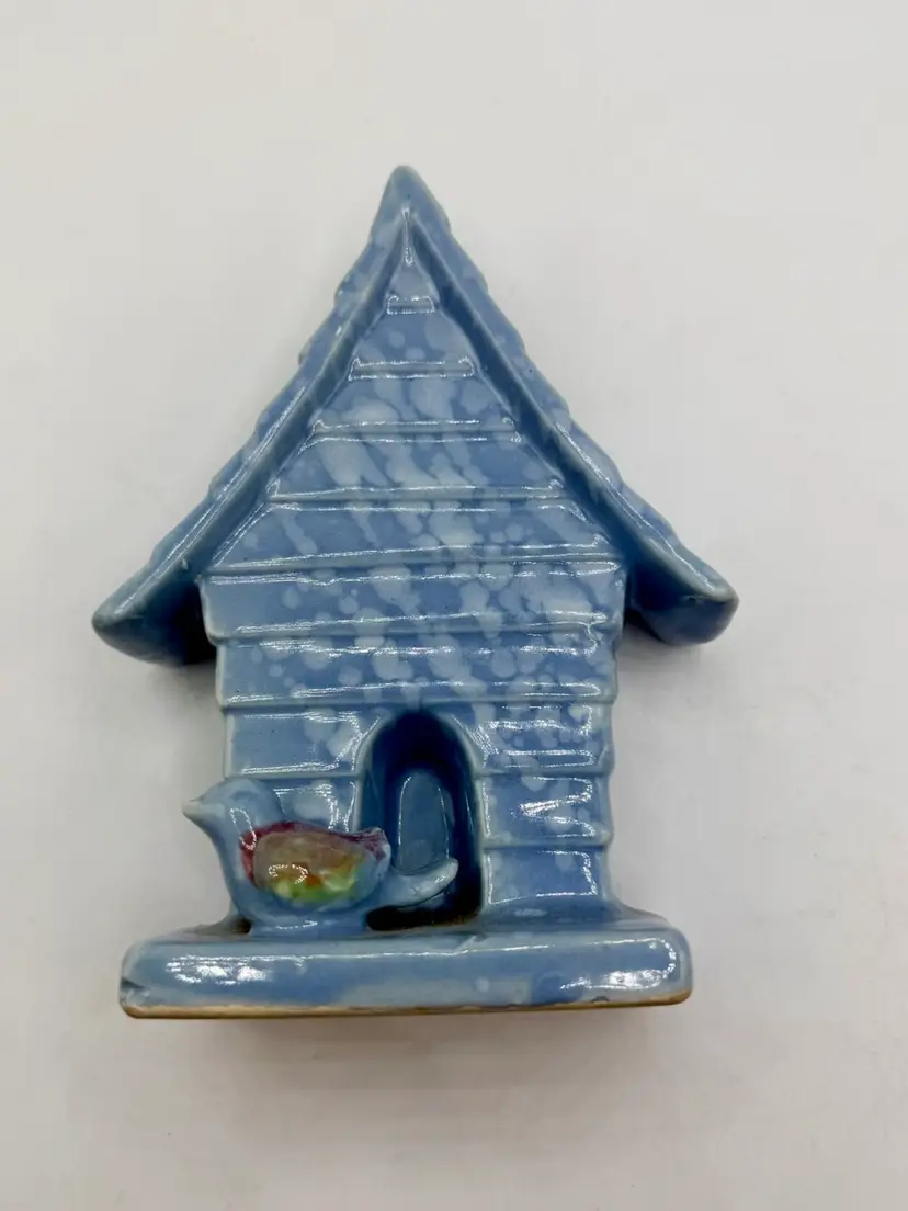 Vtg Bird House Wall Pocket With Bird Planter Speckled Blue Art Pottery 6”