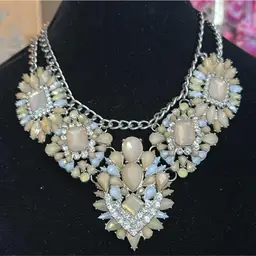 Statement Bib Necklace Cream Beige Crystal Rhinestone Floral Design